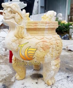 Lư Hương Vuông Trạm Tứ Linh Đá Vàng Tự Nhiên