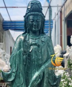 Phật Bà Quân Âm Đứng Đài Sen Đá Cẩm Thạch Xanh