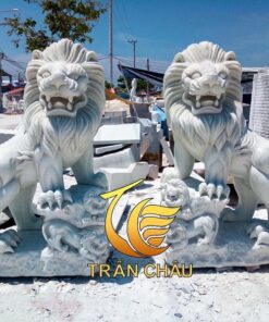 Sư Tử Đá Để Cổng Đá Trắng Nguyên Khối