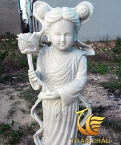Tượng Thiện Tài Đồng Tử Đá Trắng Tay Cầm Hoa Sen